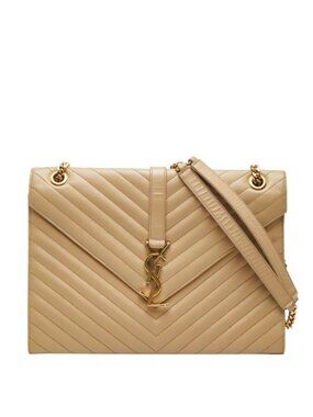 Saint Laurent Cassandra Envelope YSL Logo Chain Shoulder Bag Beige Gold Leather